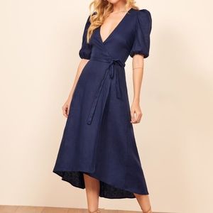 Reformation midi linen wrap dress.